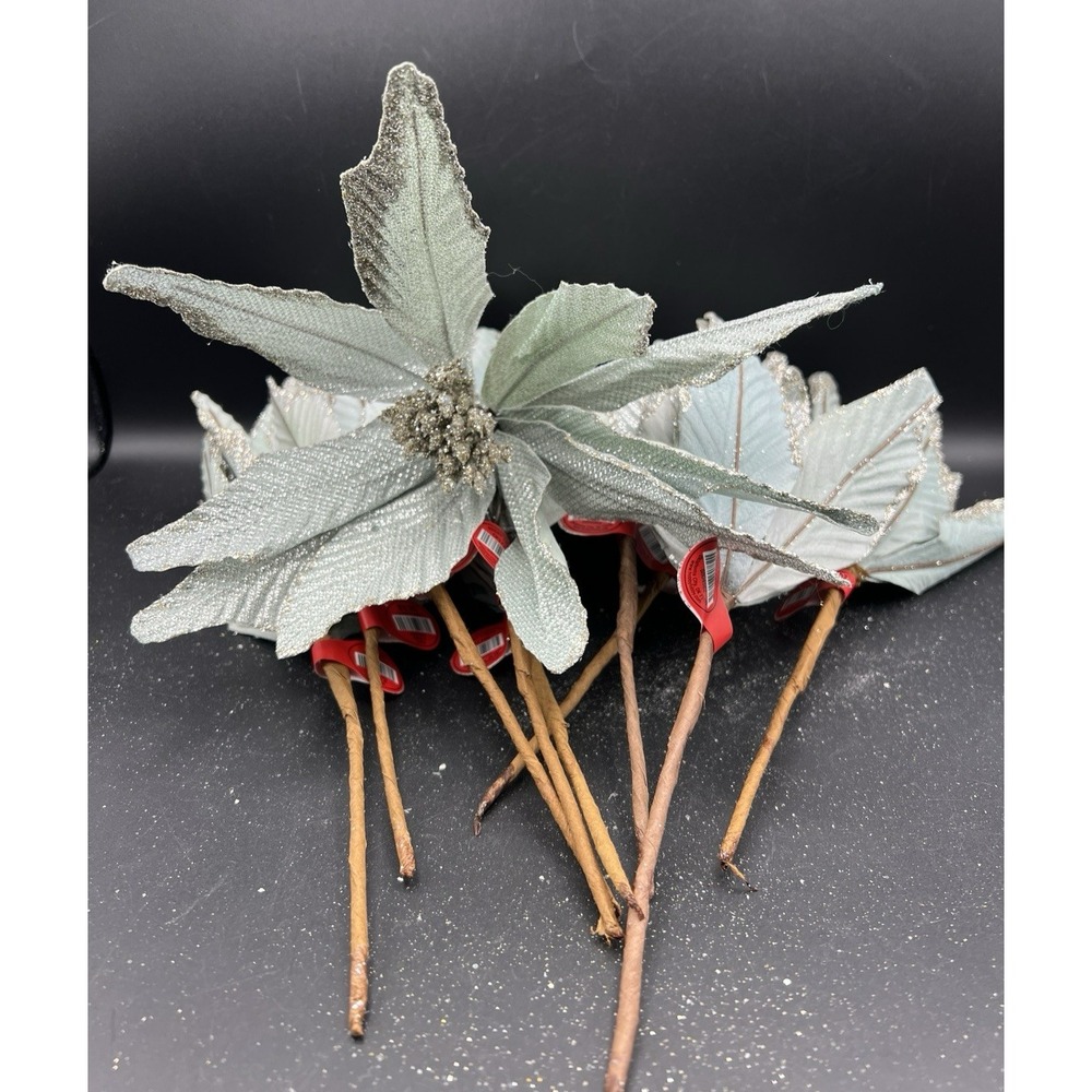 10 CHRISTMAS Poinsettia Sea Aqua Blue Silver Glitter Tree Decor Floral Pick Stem